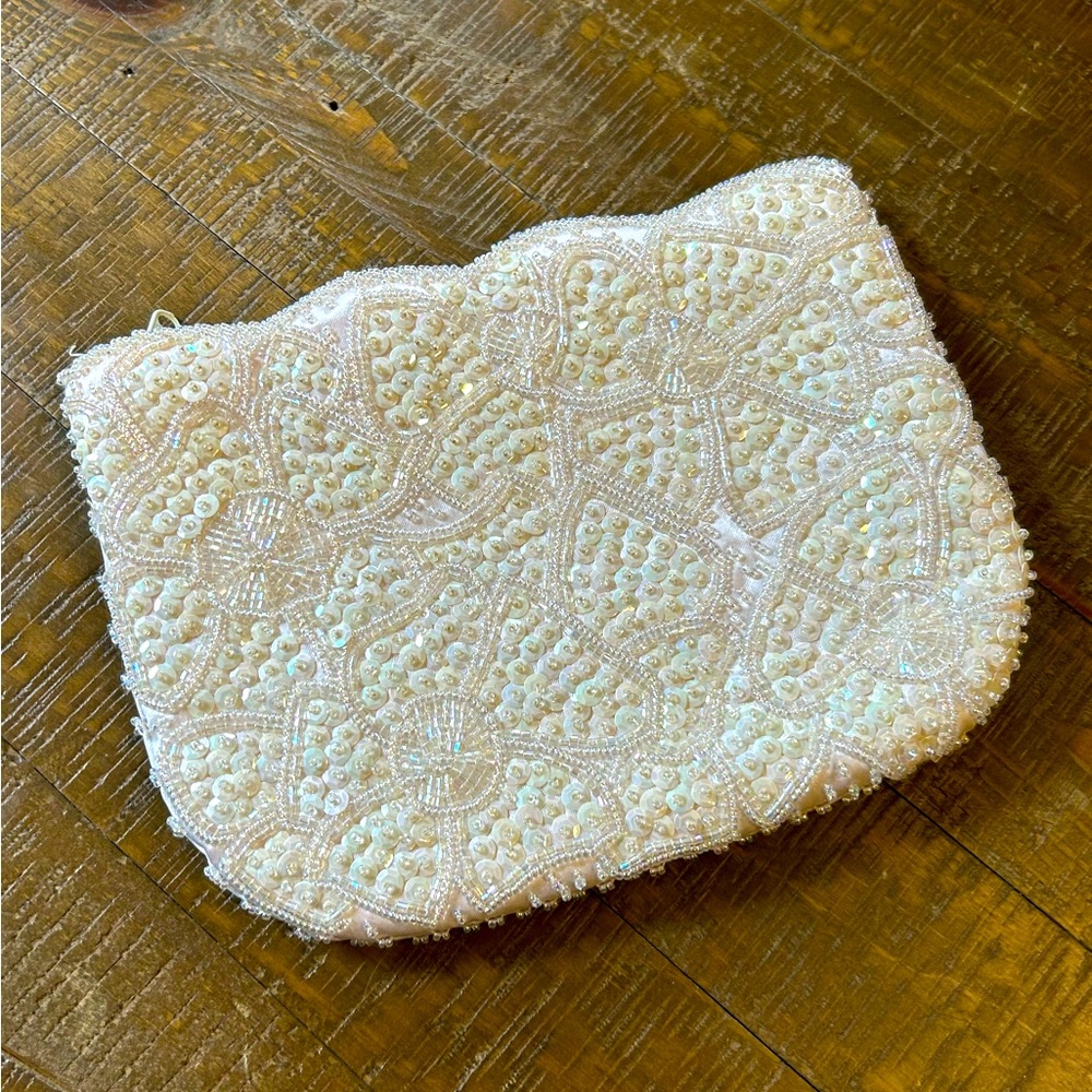 White satin scalloped edge beaded evening clutch bridal wedding